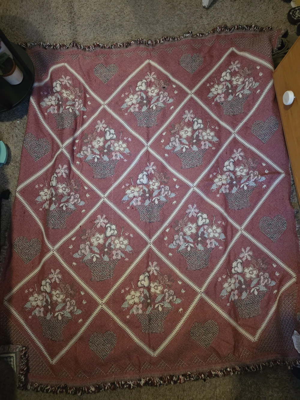 Vintage American Weavers Woven Floral Basket Heart Fringed Throw Blanket